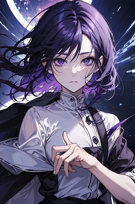 1 person, anime, dark purple hair parted on the side, black eye contour, wear a white long-sleeved shirt, dark purple eyes.