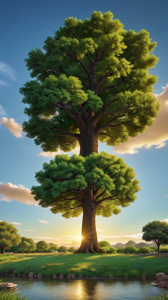 "Create an image of the Tree of Life situated in a lush, vibrant garden. The tree should be majestic with large, spreading branches, and abundant, radiant green leaves. Its roots should appear deep and strong, symbolizing its ancient nature. Around the tree, there should be a variety of colorful flowers and plants, with a serene river flowing nearby. The background should depict a beautiful, bright sky, possibly with a soft golden glow to evoke a sense of divine presence. In the distance, faint outlines of a celestial city should be visible, hinting at the connection to the heavenly realm."
}
