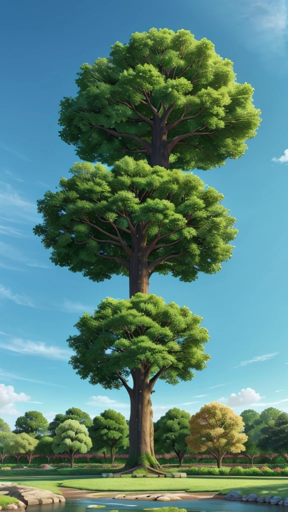 "Create an image of the Tree of Life situated in a lush, vibrant garden. The tree should be majestic with large, spreading branches, and abundant, radiant green leaves. Its roots should appear deep and strong, symbolizing its ancient nature. Around the tree, there should be a variety of colorful flowers and plants, with a serene river flowing nearby. The background should depict a beautiful, bright sky, possibly with a soft golden glow to evoke a sense of divine presence. In the distance, faint outlines of a celestial city should be visible, hinting at the connection to the heavenly realm."
}