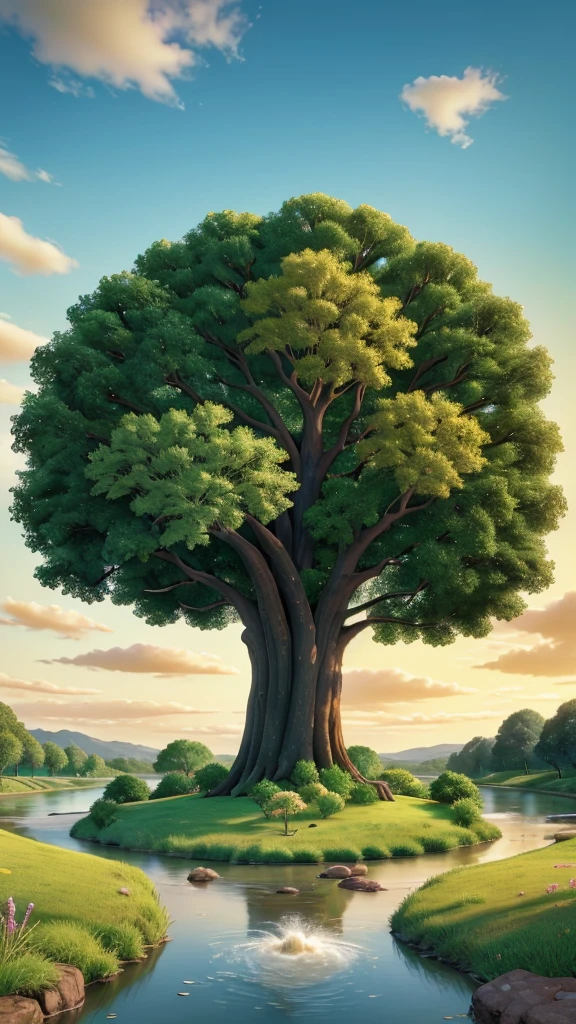 "Create an image of the Tree of Life situated in a lush, vibrant garden. The tree should be majestic with large, spreading branches, and abundant, radiant green leaves. Its roots should appear deep and strong, symbolizing its ancient nature. Around the tree, there should be a variety of colorful flowers and plants, with a serene river flowing nearby. The background should depict a beautiful, bright sky, possibly with a soft golden glow to evoke a sense of divine presence. In the distance, faint outlines of a celestial city should be visible, hinting at the connection to the heavenly realm."
}
