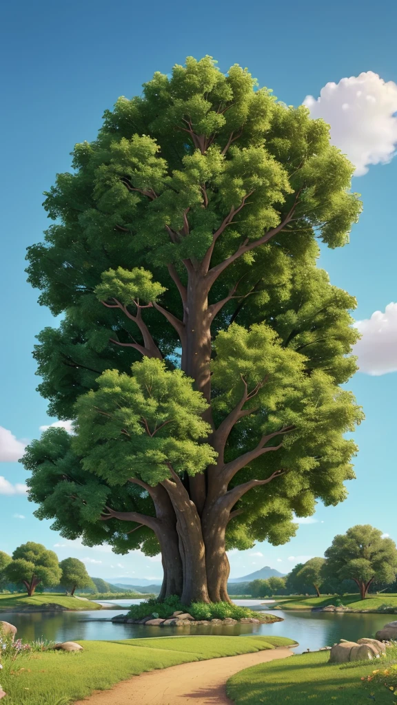 "Create an image of the Tree of Life situated in a lush, vibrant garden. The tree should be majestic with large, spreading branches, and abundant, radiant green leaves. Its roots should appear deep and strong, symbolizing its ancient nature. Around the tree, there should be a variety of colorful flowers and plants, with a serene river flowing nearby. The background should depict a beautiful, bright sky, possibly with a soft golden glow to evoke a sense of divine presence. In the distance, faint outlines of a celestial city should be visible, hinting at the connection to the heavenly realm."
}
