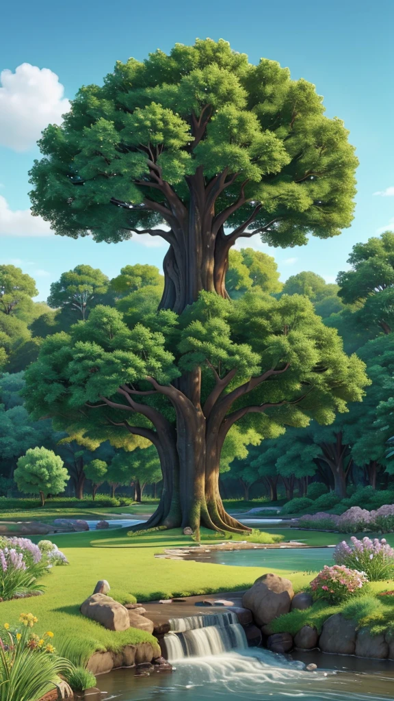 "Create an image of the Tree of Life situated in a lush, vibrant garden. The tree should be majestic with large, spreading branches, and abundant, radiant green leaves. Its roots should appear deep and strong, symbolizing its ancient nature. Around the tree, there should be a variety of colorful flowers and plants, with a serene river flowing nearby. The background should depict a beautiful, bright sky, possibly with a soft golden glow to evoke a sense of divine presence. In the distance, faint outlines of a celestial city should be visible, hinting at the connection to the heavenly realm."
}
