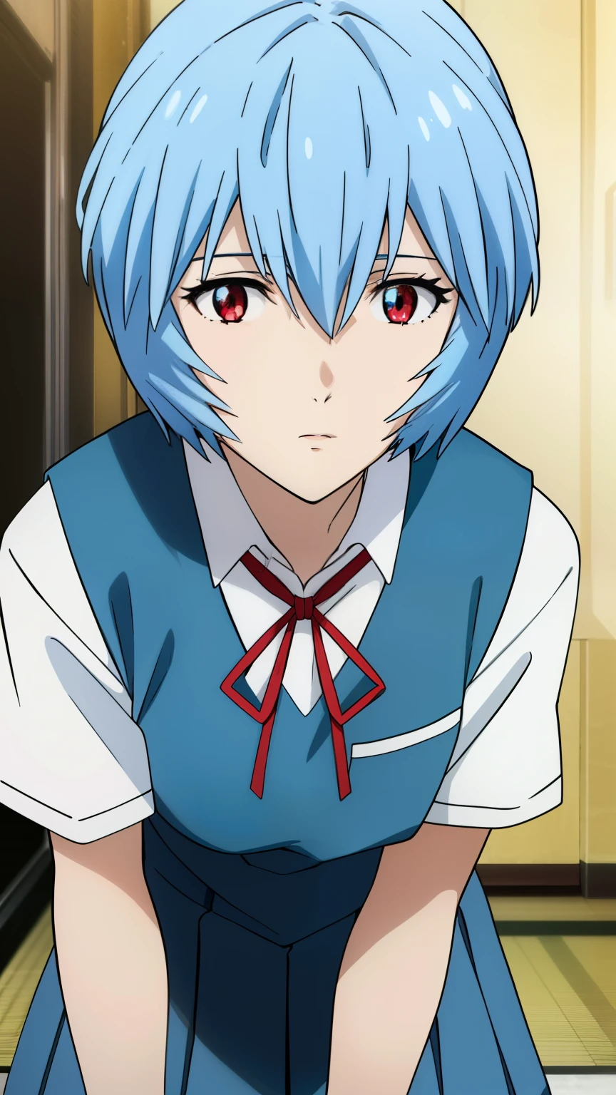 reiayanami, rei ayanami, (ayanami rei:1.2), blue hair, short hair, (red eyes:1.2), Medium breast,
BREAK (light blue skirt, light blue vest, vest, shirt, ribbon, uniform, white shirt, short sleeves, red ribbon, neck ribbon, (Tokyo Junior High School uniform: 1.5)),
BREAK (masterpiece:1.2), best quality, high resolution, unity 8k wallpaper, (illustration:0.8), (beautiful detailed eyes:1.6), extremely detailed face, perfect lighting, extremely detailed CG, (perfect hands, perfect anatomy),cowboy Shot,