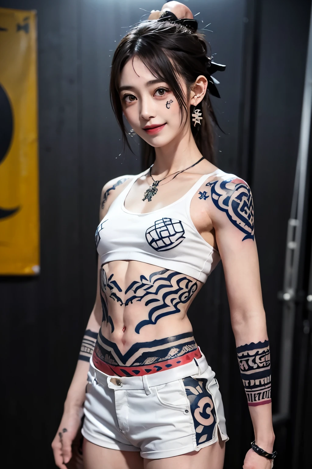 Highly detailed CG Unity 8K wallpapers, Highest quality, Very detailed, masterpiece, Realistic, photo Realistic, Very detailed cute cool Japanese girl, (White and beautiful teeth:1.35,smile:1.25),22 year old with Ulzzang makeup, Symmetrical single eyelids and black eyes, (Beautiful medium-short light blonde hair:1.3),Thin, slightly pale eyebrows,Detailed fair skin:1.2,(( dirty back alley:1.3)),Spotlight from below:1.25,(Head to knee shot from the front:1.32) ,(((A super tight, short, plain white sports bra:1.23,Super tight short shiny plain leather hot pants:1.25))),((Very small 丸くセクシーなbreasts:1.95)), ((A well-trained, slender body:1.69)),((Fine abdominal muscles:1.65)),Short torso:1.3,Broad shoulders:1.34,Narrow waist:1.3,Trained little buttocks:1.23,Muscular limbs:1.34,Very thin thighs:1.5,The hip bones are visible:1.3,(((Lots of tribal tattoos on the body:1.75))),Thin gold necklace,Thin gold bracelet,Many silver earrings in the ears,Many rings on fingers,Body from the front showing abdominal muscles:1.22,((ランダムポーズ:1.2))