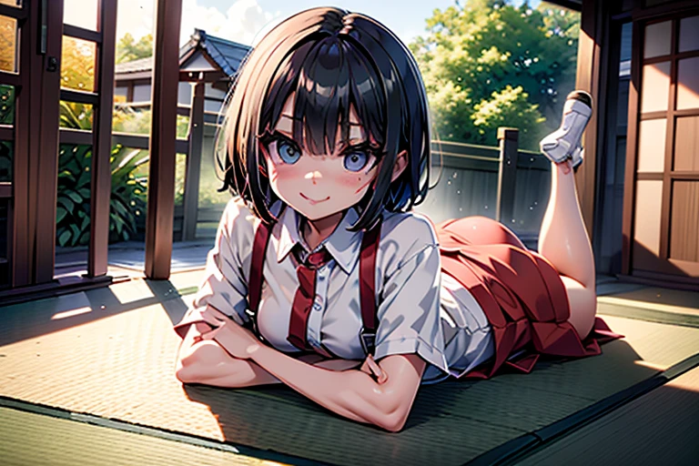 echo-san,  bob cut, black hair, short sleeve,
High resolution,Sharp focus,(Super detailed,Very detailed),(Very detailed CG unity 8k wallpaper),(((Vibrant colors))),{best illustration},
Complex eyes,Beautiful Eyes,Symmetrical eyes,Big eyes:1.5,Seductive eyes,((complete anatomy)),Perfect Fingers,(Detailed body),(Detailed face)), cute,small breasts,
shiny 肌,very shiny 肌,Shiny body,plastic glitter 肌,exaggerated shiny 肌,illuminated 肌,
dress shirt, red suspender skirt, short sleeve,
(lie on stomach),(ass front view),
Japanese-style room,　Old House,　On the tatami, wind chimes,Summer sunshine,　embarrassed,　smile, Open your mouth,