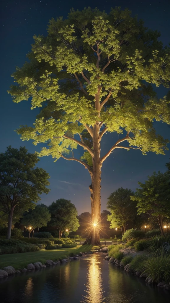 "Create an image of the Tree of Life situated in a lush, vibrant garden. The tree should be majestic with large, spreading branches, and abundant, radiant green leaves. Its roots should appear deep and strong, symbolizing its ancient nature. Around the tree, there should be a variety of colorful flowers and plants, with a serene river flowing nearby. The background should depict a beautiful, bright sky, possibly with a soft golden glow to evoke a sense of divine presence. In the distance, faint outlines of a celestial city should be visible, hinting at the connection to the heavenly realm."
}
