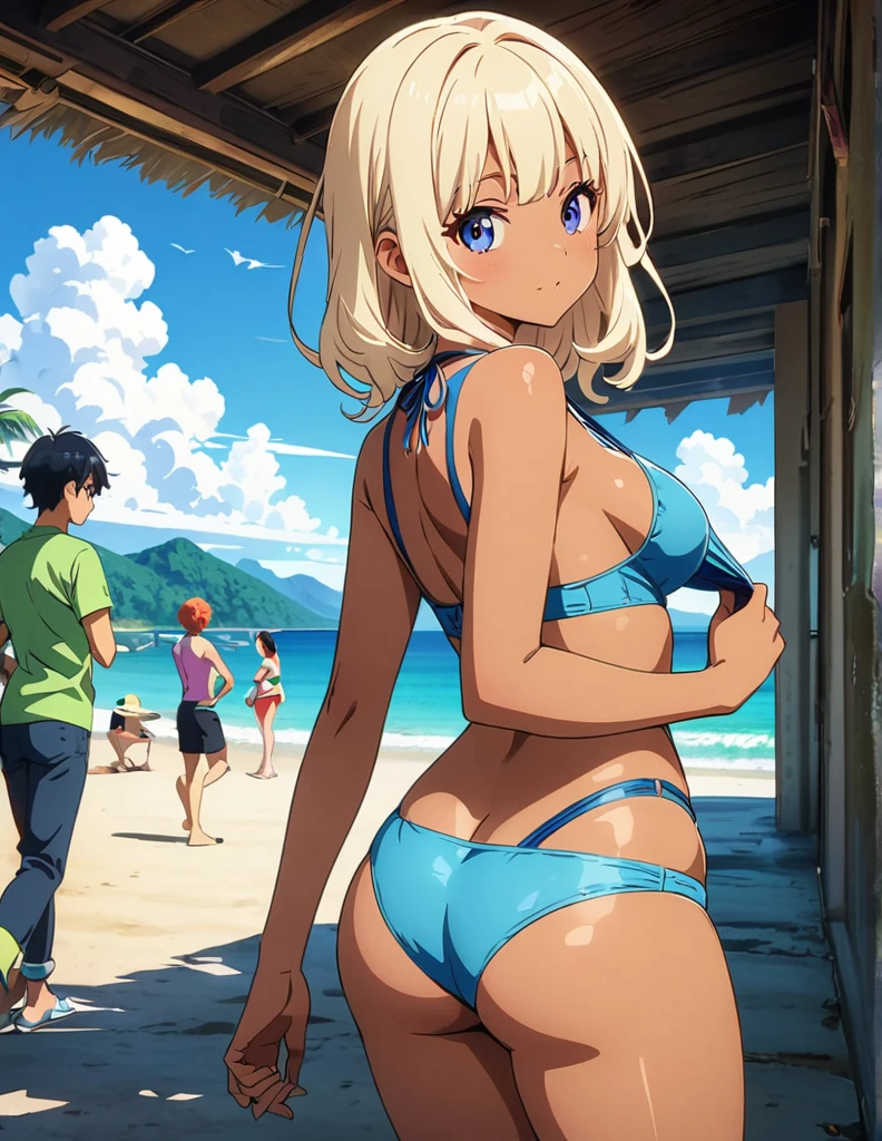 (anime artwork, anime style, studio anime, very detailed, up to date, vibrant, Anime Coloring, high contrast, masterpiece:1.2, best quality, best aesthetics),1 girl,hug from behind,bikini, Medium chest, A glimpse of thighs,random hair, One eye is hidden by the bangs, perfect proportions, high detail skin, Cute, detailed faces,beach, precise fingers,curvy,swim suits crowd, dark skin,cocoa skin, swim suit tanned,adjusting swim suits, from behind, looking back,