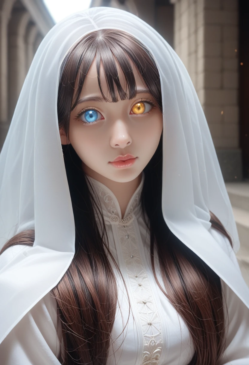 sakimichan style, Wlop style, portrait, Delicate face, Beautiful woman, Full lips, Opaque veil, Medieval veil, Head Rail, 12th century, Heterochromia of the Eyes, iridescent eyes, Medieval clothing, Briot, Lord of the Rings dress, Nearly perfect, Beautiful anime style, People Panorama, 干净Delicate face, Glowing Shadows, Beautiful gradient, Depth of Field, Clean Graphics, high quality, High Detail, HD, Luminous Studio graphics engine