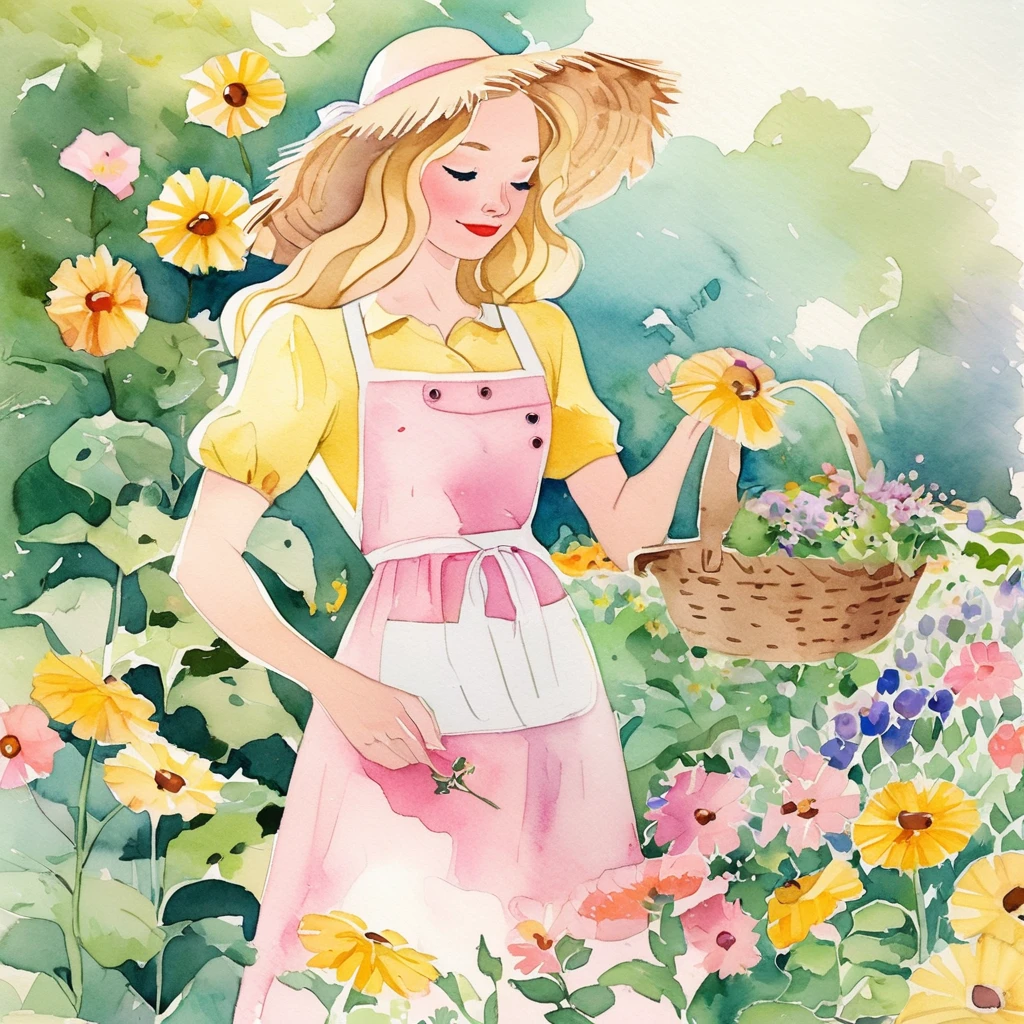 better quality. watercolor illustration, cartoon style, of a graceful Russian woman tending a flower garden in soft tones, straw hat, wavy blonde hair, yellow dress complemented by a pink apron with buttons, sandals on her feet, big brown eyes looking tenderly for your flourishing flora, detailed lines, paper colors, textured and ultra-thin paper. by Alicia Austin, Amanda Sage and Andien de Clermont. anime, kawaii,