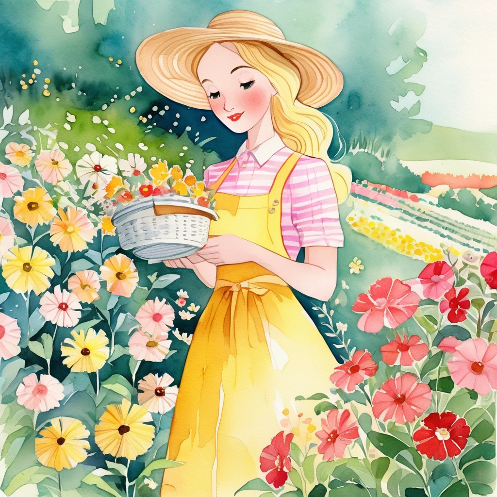better quality. watercolor illustration, cartoon style, of a graceful Russian woman tending a flower garden in soft tones, straw hat, wavy blonde hair, yellow dress complemented by a pink apron with buttons, sandals on her feet, big brown eyes looking tenderly for your flourishing flora, detailed lines, paper colors, textured and ultra-thin paper. by Alicia Austin, Amanda Sage and Andien de Clermont. anime, kawaii,