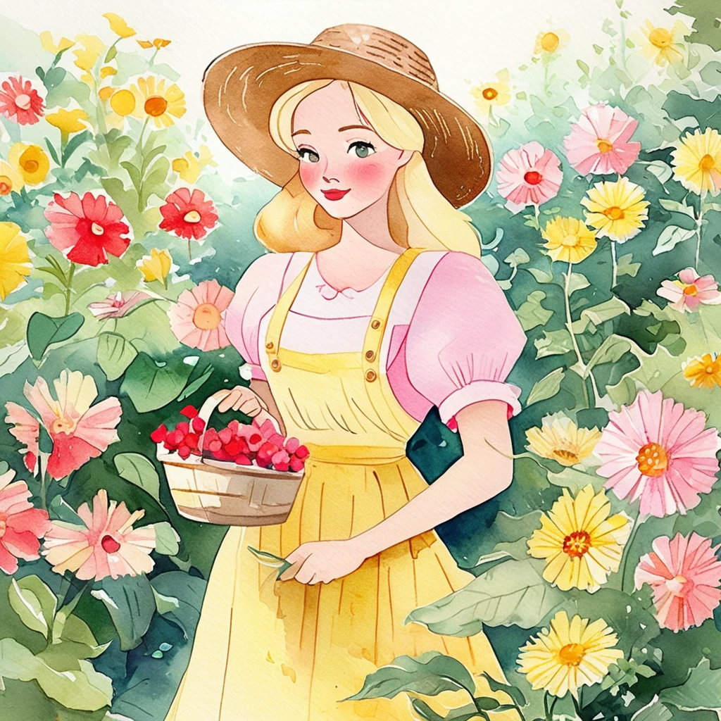 better quality. watercolor illustration, cartoon style, of a graceful Russian woman tending a flower garden in soft tones, straw hat, wavy blonde hair, yellow dress complemented by a pink apron with buttons, sandals on her feet, big brown eyes looking tenderly for your flourishing flora, detailed lines, paper colors, textured and ultra-thin paper. by Alicia Austin, Amanda Sage and Andien de Clermont. anime, kawaii,