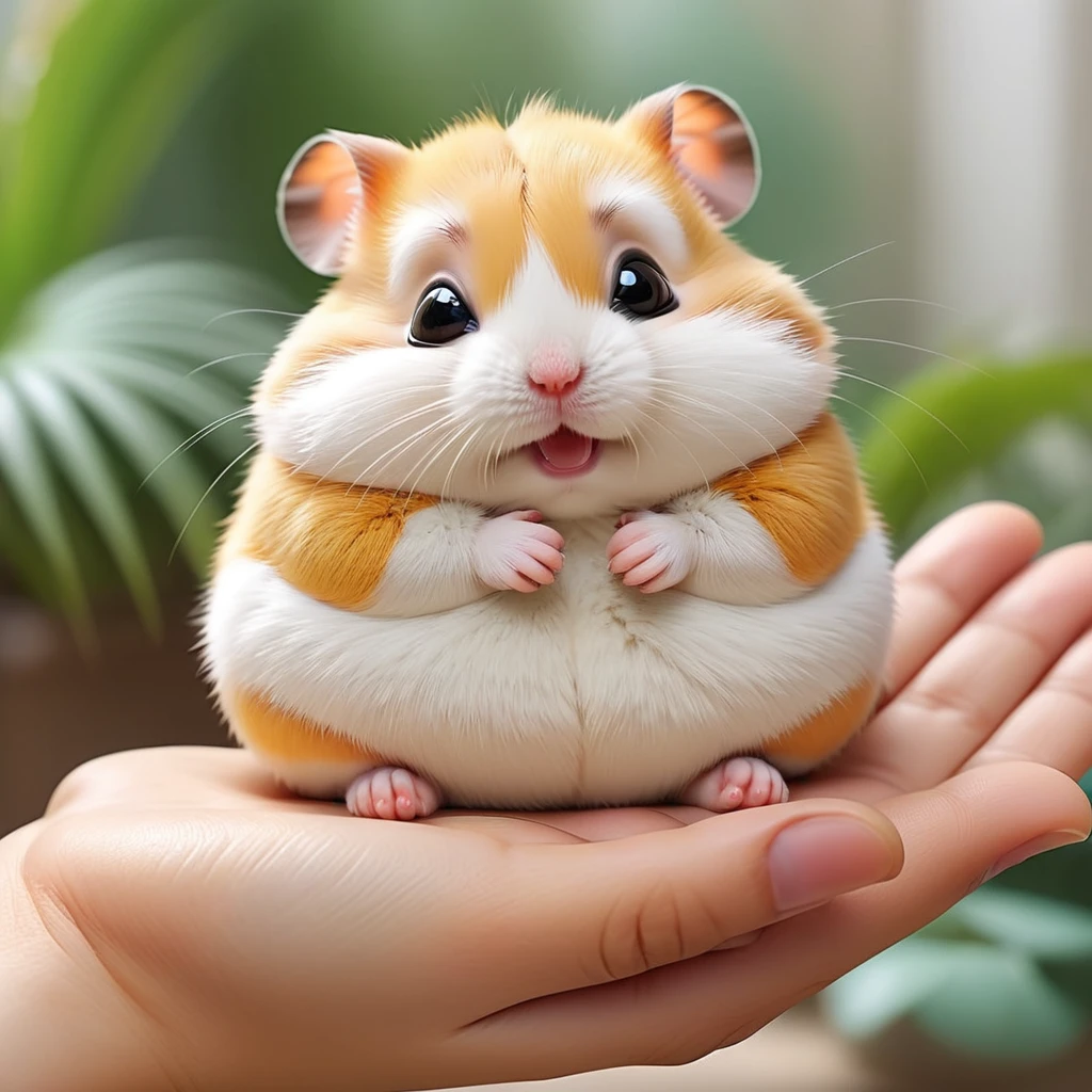 Overweight hamster、super fat、obesity、cute、Disney-like、Resting in the palm of a human hand、Crying hamster、I'm screaming、Too eyebrows、With legs open