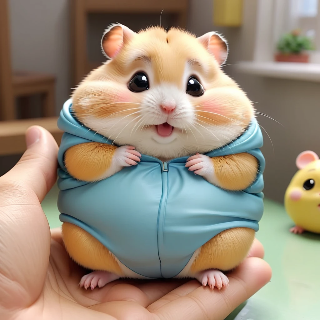 Overweight hamster、super fat、obesity、cute、Disney-like、Resting in the palm of a human hand、Crying hamster、I'm screaming、Too eyebrows、With legs open