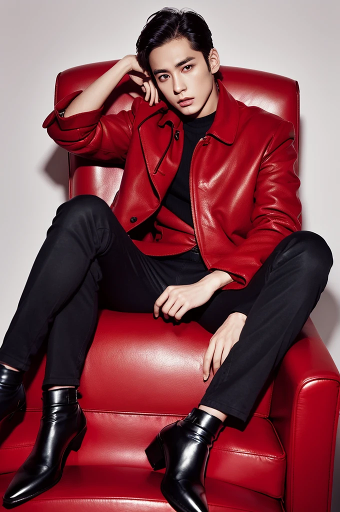 26 year old slim brunette man in a red armchair in a black jacket and black shoes white background