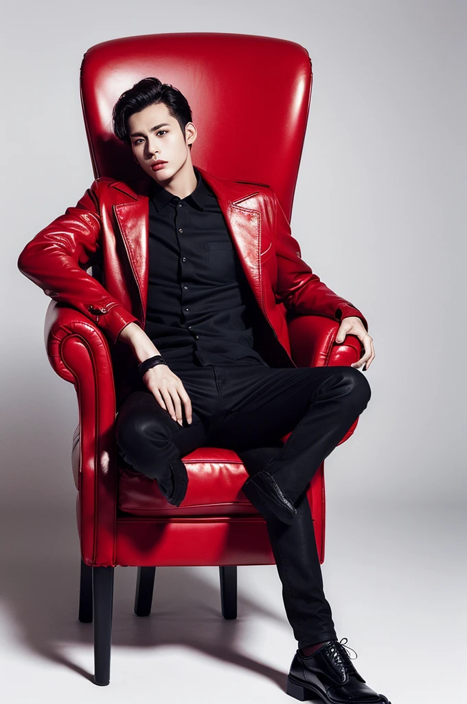 26 year old slim brunette man in a red armchair in a black jacket and black shoes white background