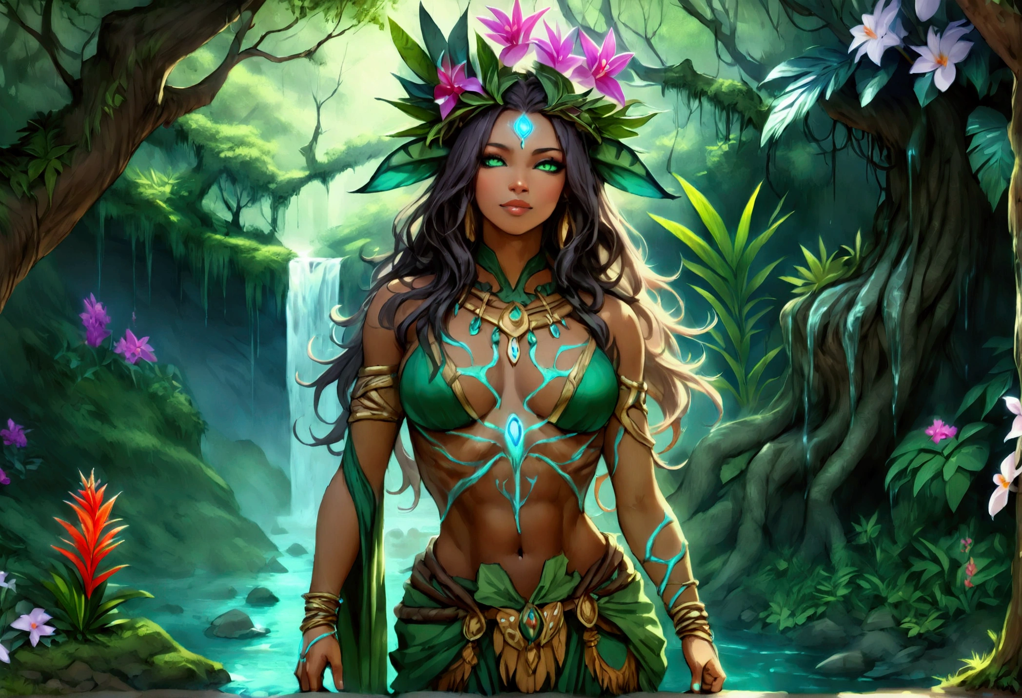  a picture of a druid in her jungle cove, an exotic, most beautiful human druid, priest of nature, warden of the wild of the jungle, (full body: 1.5), ((anatomically correct: 1.5)) long hair, wild hair, dynamic hair color, flowers and leaves in her hair, wearing a green robe, small cleavage, high boots, eyes glowing with magic, she protects her jungle grove, many old (cacao trees: 1.3), orchids trees, heliconia flowers, some wild life, a (stream of water: 1.3), fantasy art, vibrant, Ultra-high resolution, High Contrast, (masterpiece:1.5), highest quality, Best aesthetics), best details, best quality, highres, ultra wide angle, 16k, [ultra detailed], masterpiece, best quality, (extremely detailed) RAW, DruidMagicAI, Hyperrealism style