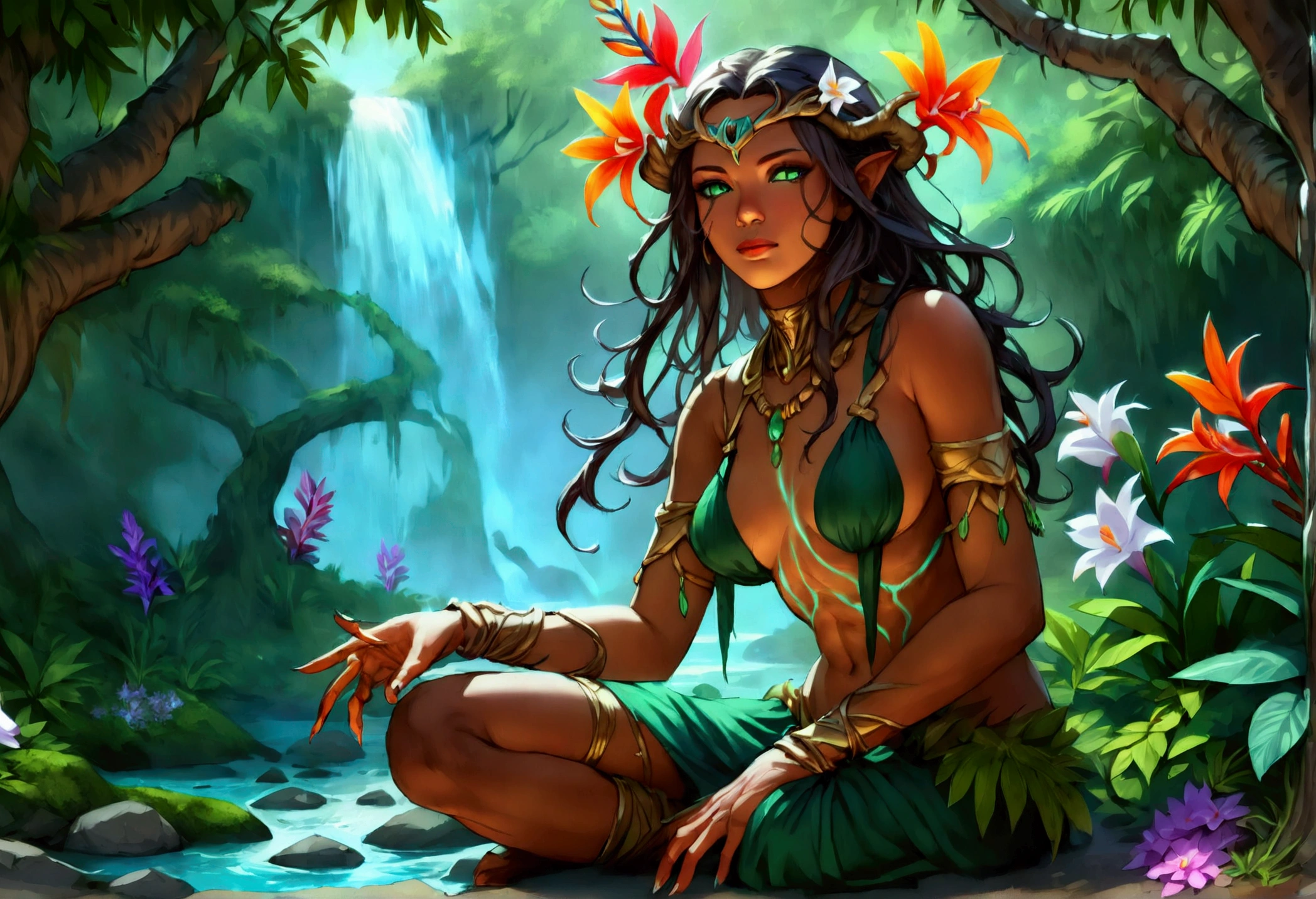  a picture of a druid in her jungle cove, an exotic, most beautiful human druid, priest of nature, warden of the wild of the jungle, (full body: 1.5), ((anatomically correct: 1.5)) long hair, wild hair, dynamic hair color, flowers and leaves in her hair, wearing a green robe, small cleavage, high boots, eyes glowing with magic, she protects her jungle grove, many old (cacao trees: 1.3), orchids trees, heliconia flowers, some wild life, a (stream of water: 1.3), fantasy art, vibrant, Ultra-high resolution, High Contrast, (masterpiece:1.5), highest quality, Best aesthetics), best details, best quality, highres, ultra wide angle, 16k, [ultra detailed], masterpiece, best quality, (extremely detailed) RAW, DruidMagicAI, Hyperrealism style