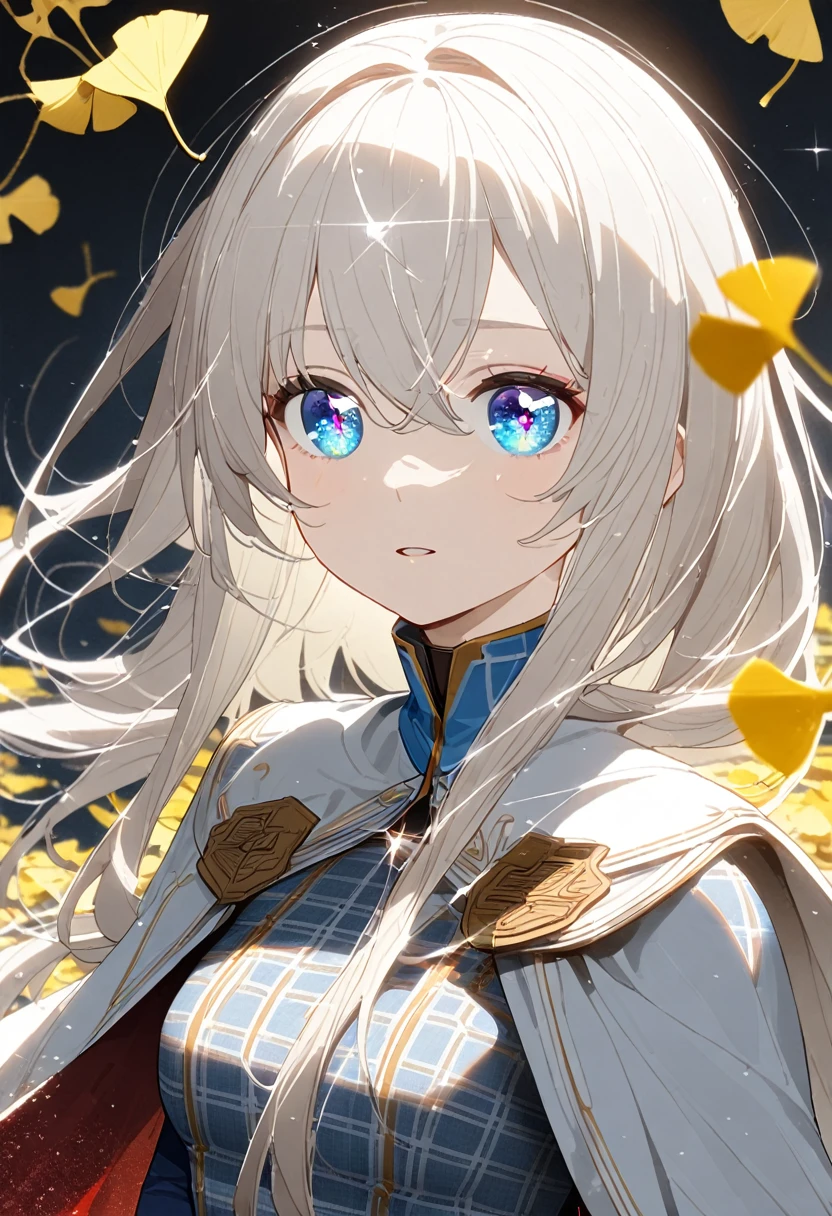 (1girl:1.3),(solo:1.3),(ultra detailed:1.2),(depth of field:1.2),(Amazing, beautiful detailed characters:1.2),(Realistic shadow effects:1.2),8k wallpaper,
BREAK
(cute maiden girl:1.2),(high definition eyes:1.3),(gradation clear vivid glitter pupil cute blue eyes:1.2),(eyes with a faint glint in them:1.3),(white long hair:1.3),bangs,(dignified beautiful face:1.2),hair between eyes,small mouth,(parted lips:1.2),with cute Healthy makeup,middle breasts,
BREAK
(squint smile:1.2),
(looking side:1.2),
BREAK
holding accessory,(White plaid flared skirt on red fabric:1.4),(Brown smock blouse:1.2),(White cape:1.2),(catsuit:1.2),bobby socks,brown loafer,
random pose,
Simple Background,dark brown,Ginkgo biloba,Autumn plants arranged in a circle,cosmos,acorn,Lots of flowers in pastel colors,
(A close-up portrait:1.3),