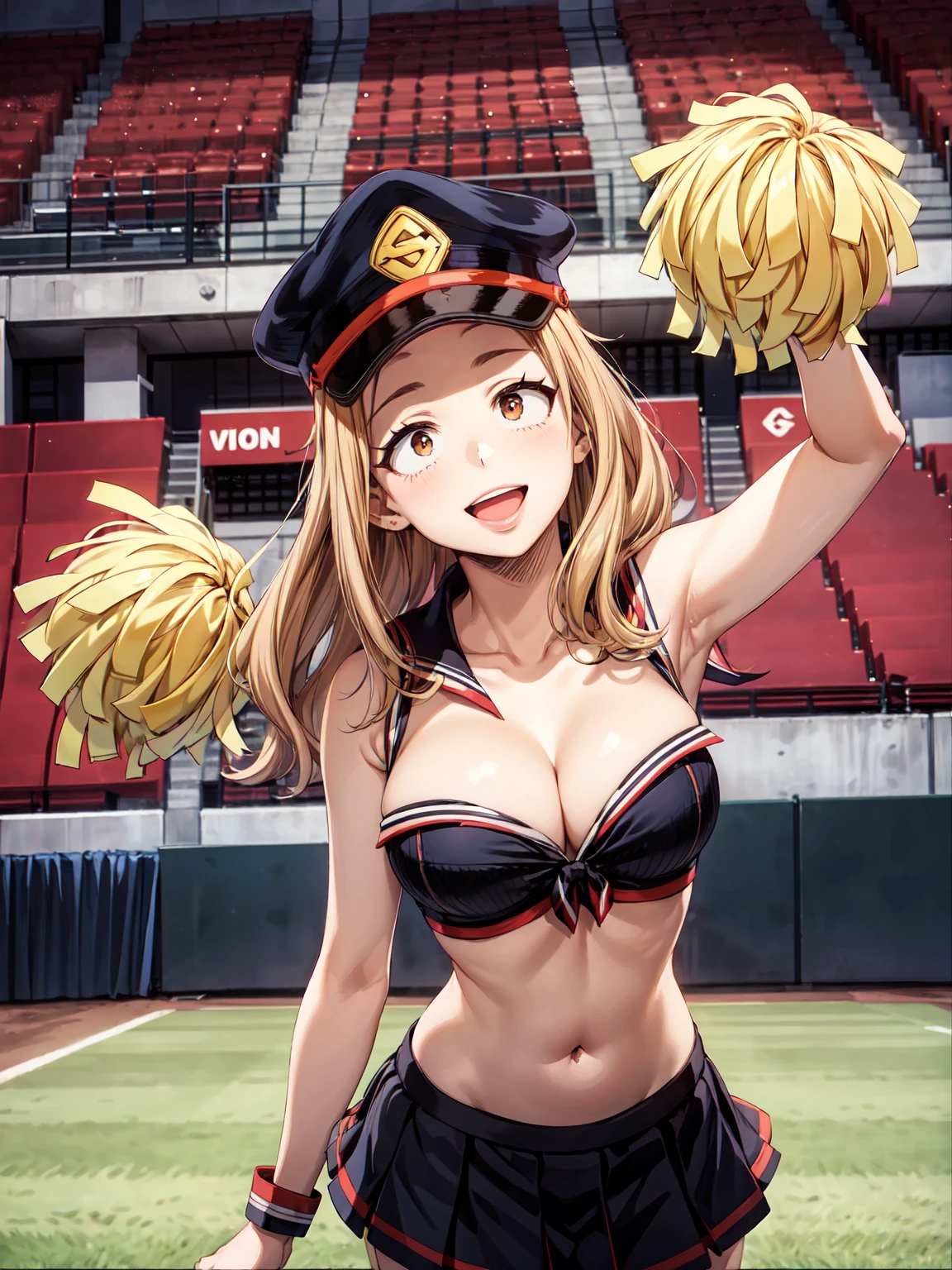 Masterpiece ,best quality , high resolution , (1 girl solo:1.38) , (camie, long hair, brown hair, brown eyes, peaked cap , lipstick , eyeliner) , (cleavage:1.2) , (medium breast:1.28) , (wear baseball hat , belly , navel , white sailor , bow , knot , stockings , panties , strong wind , big wing , skirt lift ) , (cleavage:1.15) , (big breast:1.1) , (face view , look at view ) , (cheerleader , cheering , holding pom pom , skirt , head tilt , jumping) , (tilted head , smiling , open mouth) , (outdoor , gym,Playing field,Cheerleading ,Strong winds,gale,ribbons flying,victory)