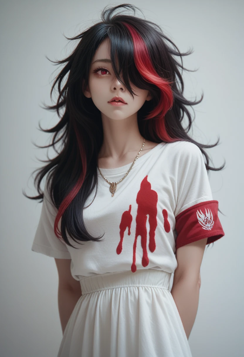 best quality, Intricate details, Chromatic Aberration, 1 Girl, Long hair, Black Hair, Messy hair, Red highlights, Hair covering one eye, Red Eyes, Sharp eyes, Necklace,, , armband, Put your hands behind your back, Arm,  