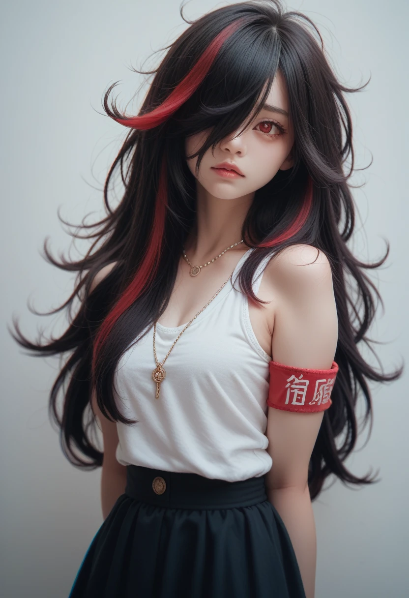 best quality, Intricate details, Chromatic Aberration, 1 Girl, Long hair, Black Hair, Messy hair, Red highlights, Hair covering one eye, Red Eyes, Sharp eyes, Necklace,, , armband, Put your hands behind your back, Arm,  