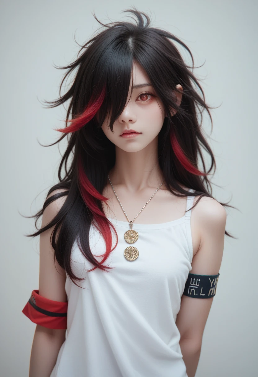 best quality, Intricate details, Chromatic Aberration, 1 Girl, Long hair, Black Hair, Messy hair, Red highlights, Hair covering one eye, Red Eyes, Sharp eyes, Necklace,, , armband, Put your hands behind your back, Arm,