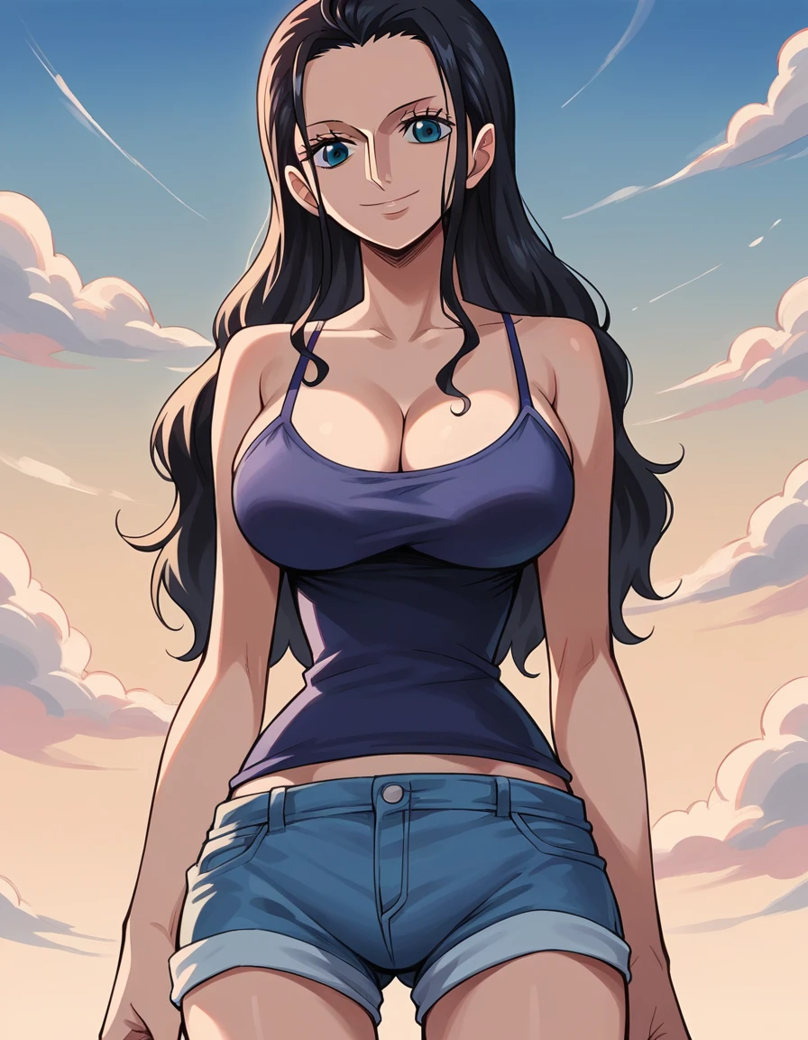 score_9, score_8_up, score_7_up, best quality, source_anime, clear face, 1girl, Nico Robin, black hair, long hair, blue eyes, large breasts, camisole, shorts, cleavage, smile, looking at viewer, from front, sky, standing