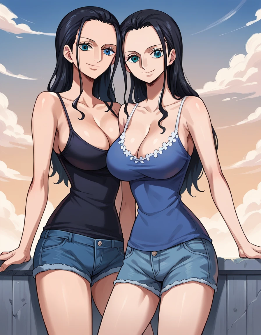 score_9, score_8_up, score_7_up, best quality, source_anime, clear face, 1girl, Nico Robin, black hair, long hair, blue eyes, large breasts, camisole, shorts, cleavage, smile, looking at viewer, from front, sky, standing