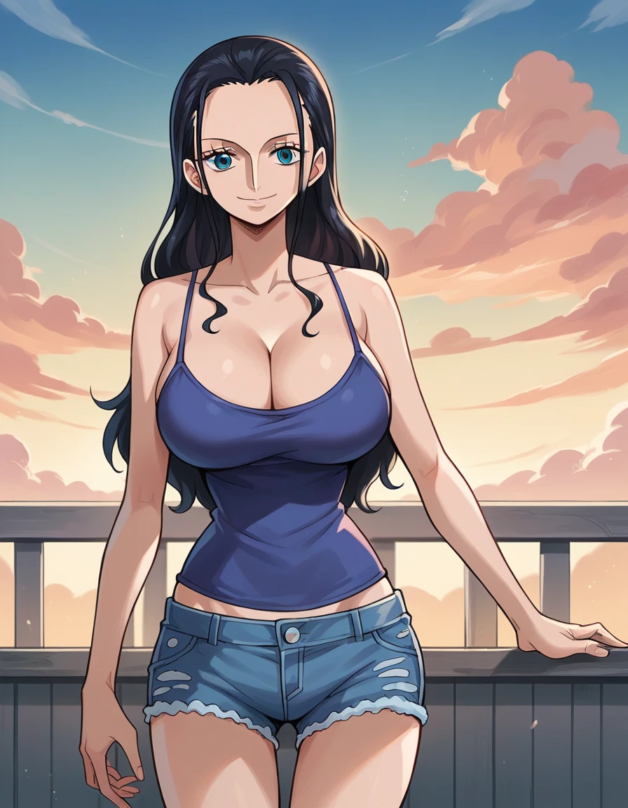 score_9, score_8_up, score_7_up, best quality, source_anime, clear face, 1girl, Nico Robin, black hair, long hair, blue eyes, large breasts, camisole, shorts, cleavage, smile, looking at viewer, from front, sky, standing