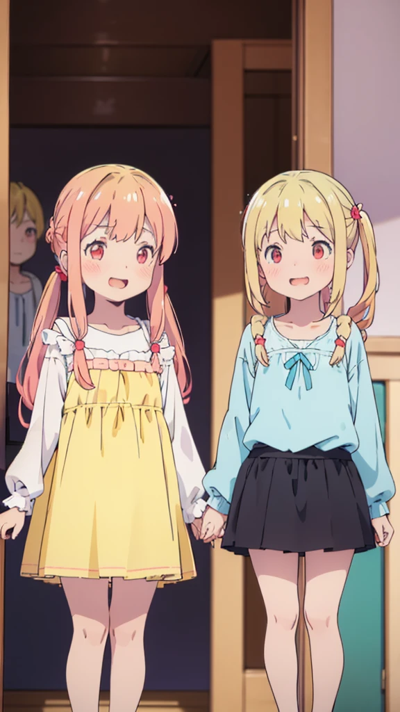((masterpiece))((Highest quality))girl、Laughing with your mouth open、blush、Flat Chest、Are thin、Blonde Hair、blush、Are standing、Whole body image、Eye level on face、、No background、Blue clothes、Hair is two colors、Twin tails、Red Eyes、Two-tone red and yellow hair、With open arms