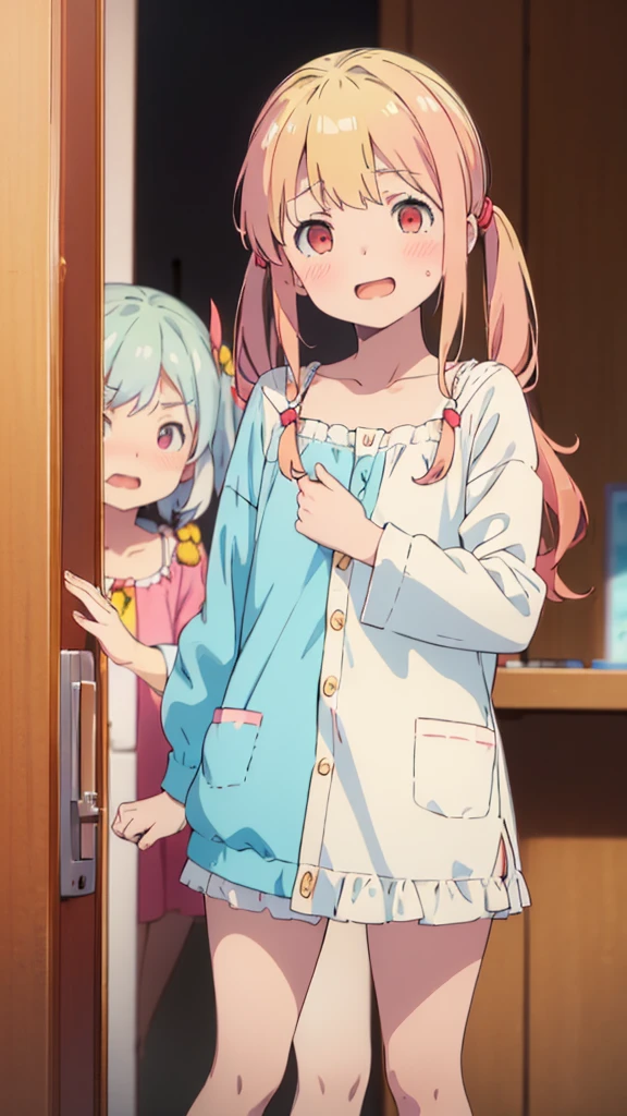 ((masterpiece))((Highest quality))girl、Laughing with your mouth open、blush、Flat Chest、Are thin、Blonde Hair、blush、Are standing、Whole body image、Eye level on face、、No background、Hair is two colors、Twin tails、Red Eyes、Two-tone red and yellow hair、Joy Pose
