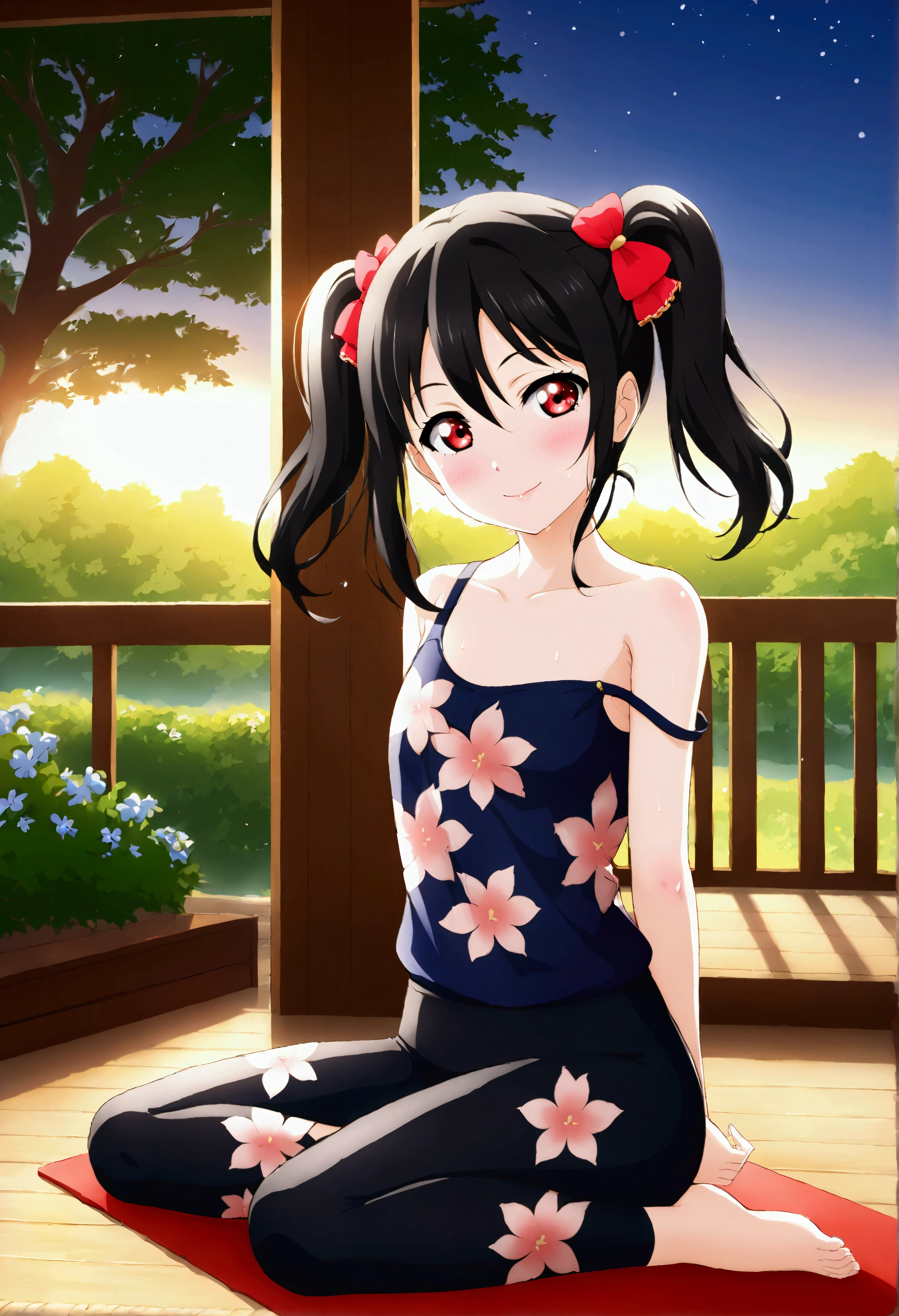 masterpiece, best quality,yazawa nico, black hair, twintails, red eyes, volumetric lighting, illustration, beautiful, tight , Blushing, breasts, looking at viewer, flowers printed tank top, yoga pants,solo, curvy body,floral print, seductive smile, (arms behind back, head tilt:1.1),(breathtaking scenery:1.1), tree, blushing full body shot, sweating, strap slip 