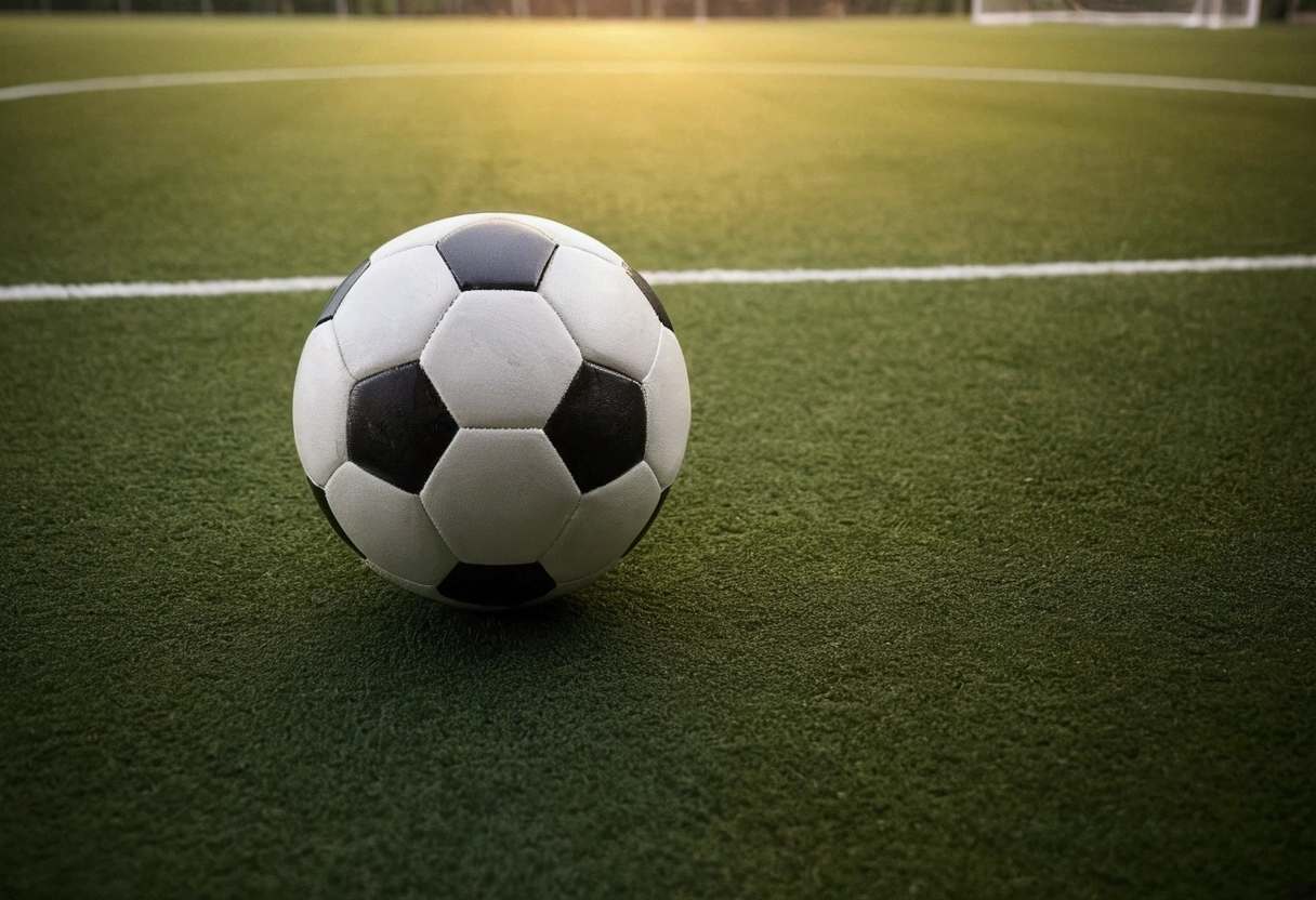 a picture of a soccer ball on the floor, soccer field in the background like in a commercial, soccer field out of focus
