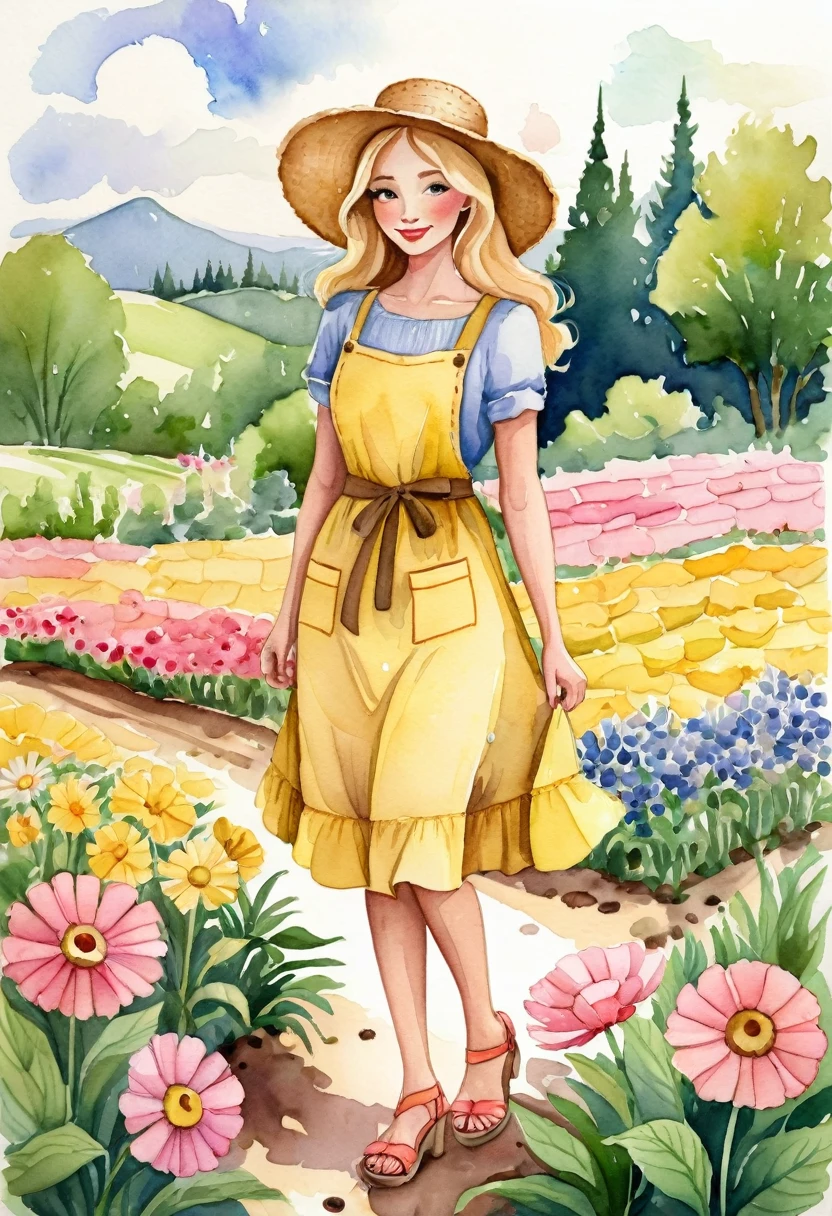 better quality. watercolor illustration, cartoon style, of a graceful Russian woman tending a flower garden in soft tones, straw hat, wavy blonde hair, yellow dress complemented by a pink apron with buttons, sandals on her feet, big brown eyes looking tenderly for your flourishing flora, detailed lines, paper colors, textured and ultra-thin paper. by Alicia Austin, Amanda Sage and Andien de Clermont. anime, kawaii,