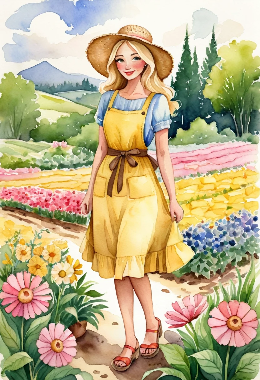 better quality. watercolor illustration, cartoon style, of a graceful Russian woman tending a flower garden in soft tones, straw hat, wavy blonde hair, yellow dress complemented by a pink apron with buttons, sandals on her feet, big brown eyes looking tenderly for your flourishing flora, detailed lines, paper colors, textured and ultra-thin paper. by Alicia Austin, Amanda Sage and Andien de Clermont. anime, kawaii,