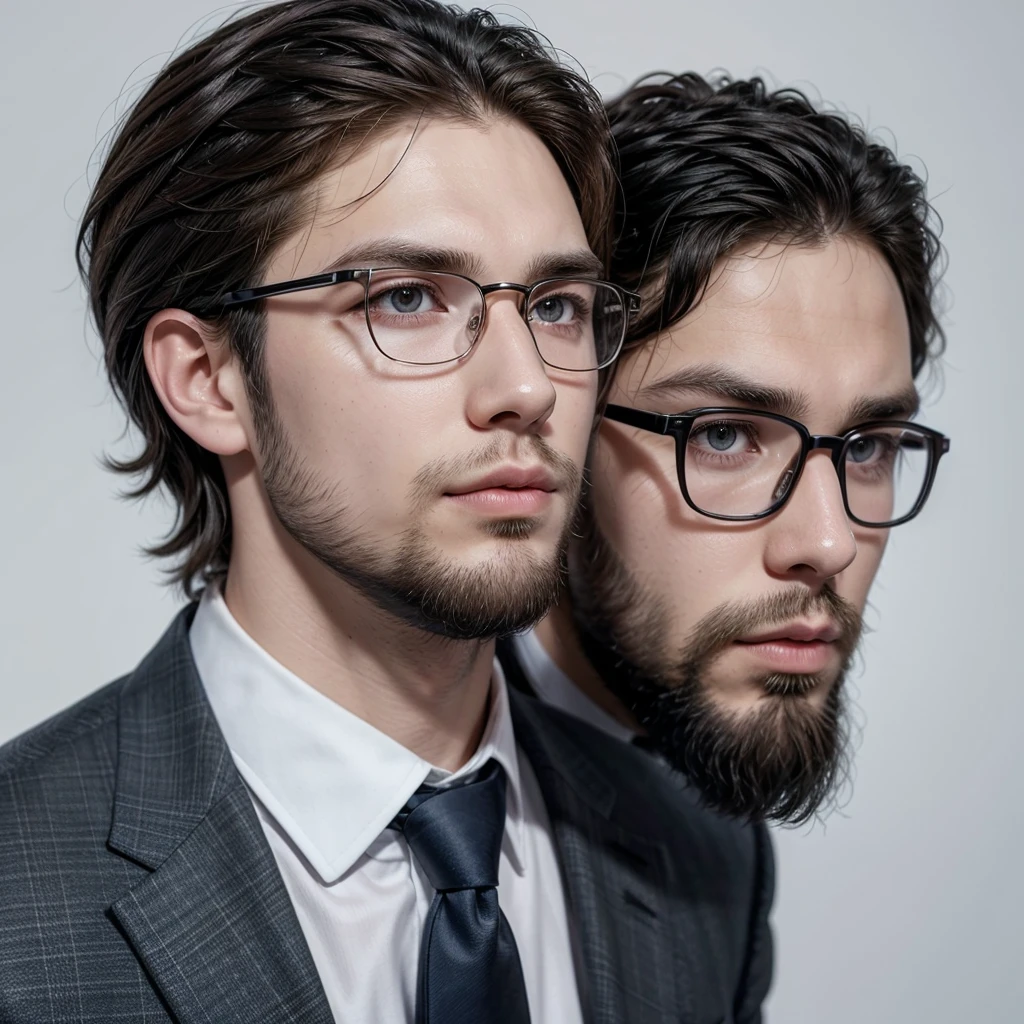 create a profile picture for me of a 25 year old man with a beard, straight and short hair and wear glasses, wearing a suit and a tie, White background