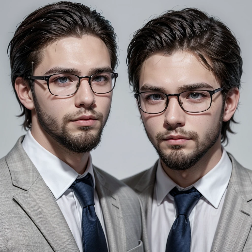 create a profile picture for me of a 25 year old man with a beard, straight and short hair and wear glasses, wearing a suit and a tie, White background
