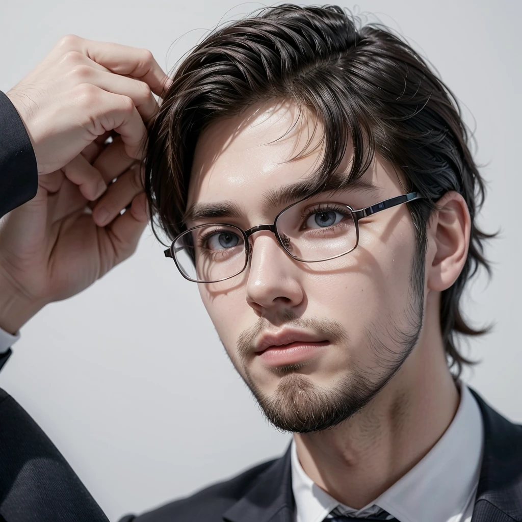 create a profile picture for me of a 25 year old man with a beard, straight and short hair and wear glasses, wearing a suit and a tie, White background