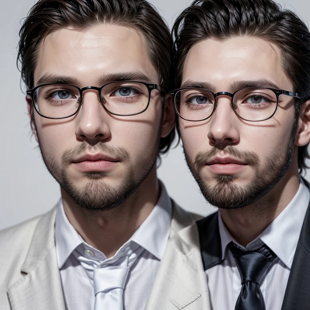 create a profile picture for me of a 25 year old man with a beard, straight and short hair and wear glasses, wearing a suit and a tie, White background