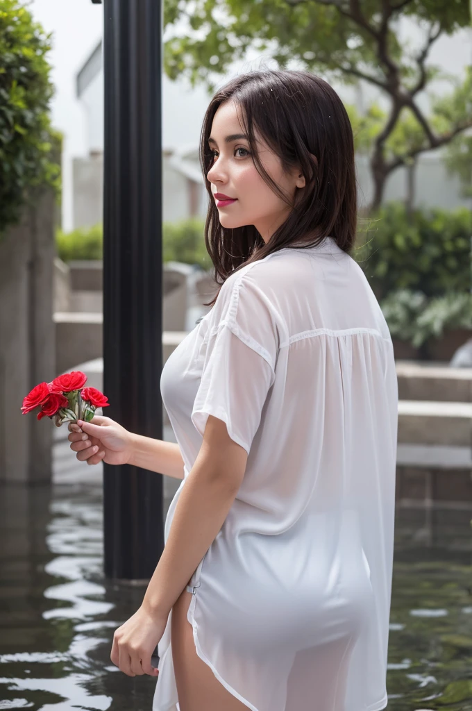photorealistic back view image of a beautiful smiling Israeli girl with stunning huge F cup breast, red lips and big eyes wearing a white long shirt and walking at street with flowers in heavy rain, her figure subtly visible through the damp fabric. Capture the elegance and the natural beauty of the scene. Pay attention to the details of the shirt, the way it clings to her body, and the play of light and shadow on the fabric. Use natural lighting to enhance the scene, with soft light illuminating her face and the silky shirt. Pay attention to the lighting in the scene, particularly on her face, to provide enough exposure and showcase her features while casting realistic shadows. Render the image in 8k high resolution to capture the fine details, resulting in a realistic and visually captivating portrayal of the beautiful girl in a wet outfit. Every element in the image with 8k resolution is highly detailed. capturing the intricacies of her expression, the water droplets, intricated crystal water