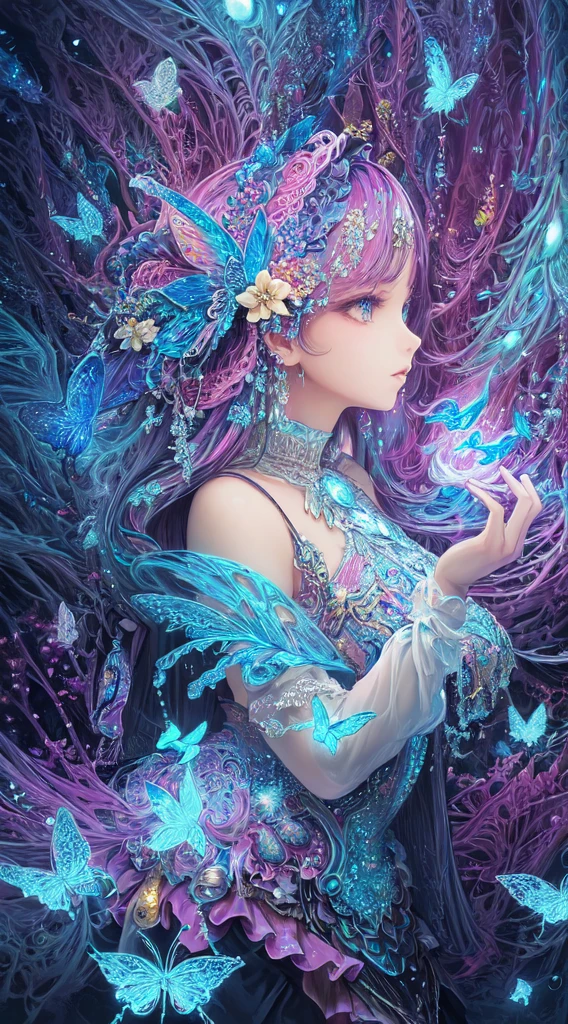 (masterpiece, top quality, best quality, official art, beautiful and aesthetic:1.2),extreme detailed,(fractal art:1.3),colorful,highest detailed,Dreamy Atmosphere,Bright color,
hudie,luminescence,butterfly,