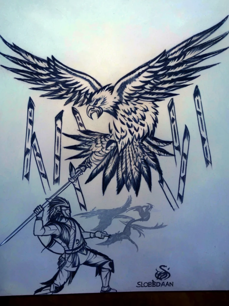 drawing of a man holding a sword and a bird with a sword, avian warrior, with an eagle emblem, by Slobodan Pejić, tattoo design sketch, inked drawing, flying mythical beasts, artwork of a phoenix, the large birds of war, make a realistic from sketch to image realistic and add colour