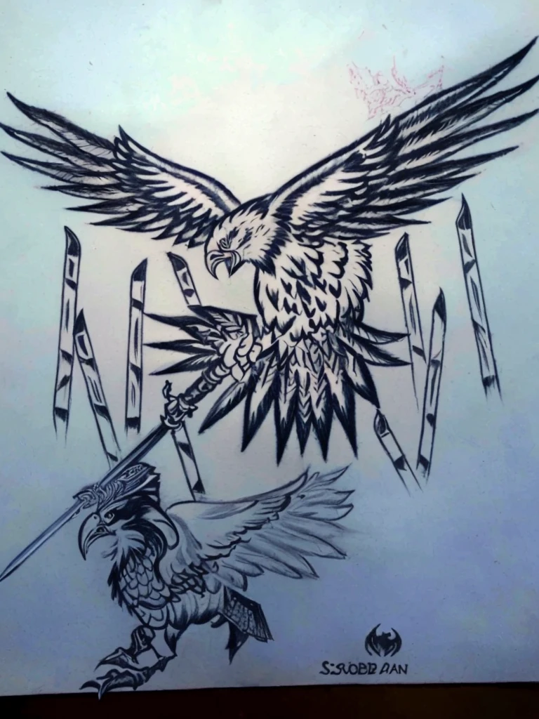 drawing of a man holding a sword and a bird with a sword, avian warrior, with an eagle emblem, by Slobodan Pejić, tattoo design sketch, inked drawing, flying mythical beasts, artwork of a phoenix, the large birds of war, make a realistic from sketch to image realistic and add colour