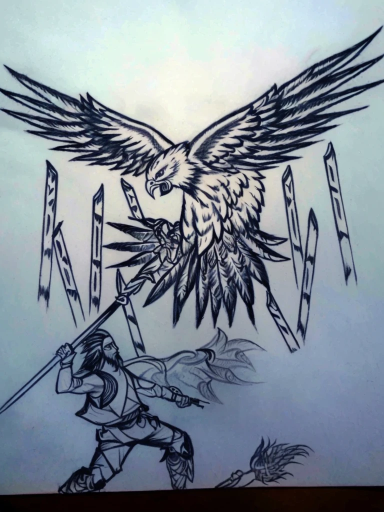 drawing of a man holding a sword and a bird with a sword, avian warrior, with an eagle emblem, by Slobodan Pejić, tattoo design sketch, inked drawing, flying mythical beasts, artwork of a phoenix, the large birds of war, make a realistic from sketch to image realistic and add colour