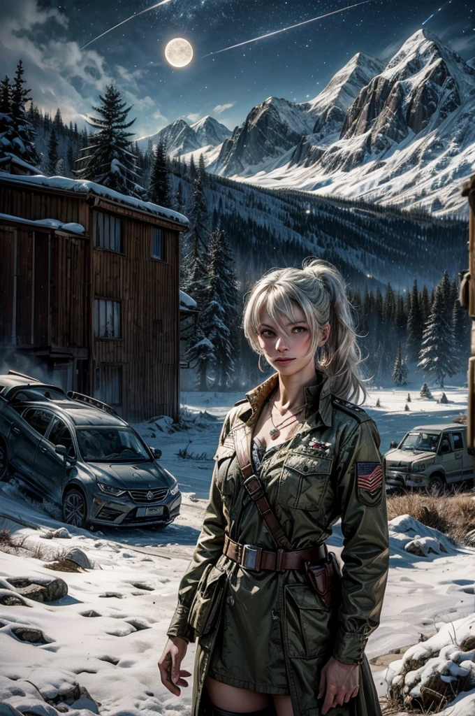 (masterpiece, best quality:1.2), cowboy shot, weissvale, smile, closed mouth,  looking at viewer, long white hair, side ponytail, scar above eye, scar below eye, military dress,  jewelry, necklace, earrings, standing with army in city ruins on hill, overlooking valley, BREAK night, stars, moon, snow, BREAK mountains in background, waterfall, vehicle wreck, army searching with rifles, (army in military uniform), bonfires, post-apocalypse, dystopian future, 