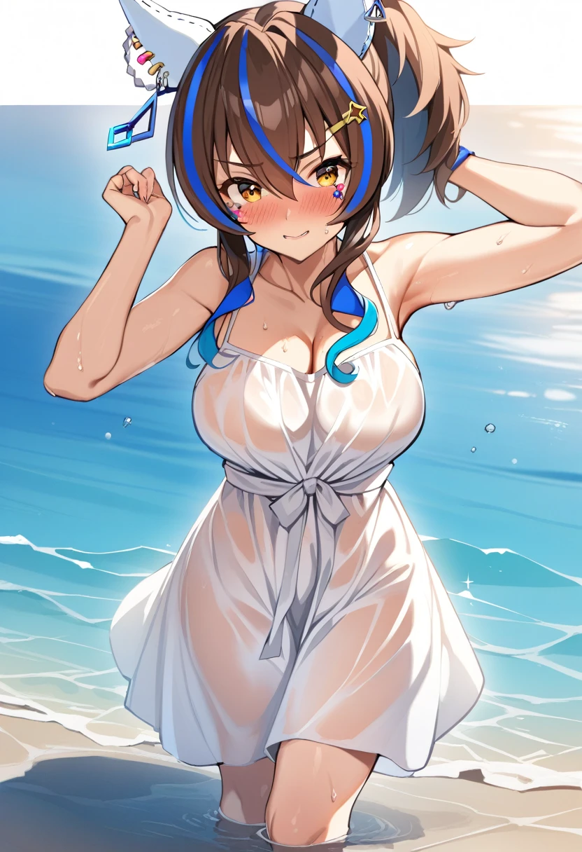 1 Girl, alone,  Brown eyes, Black Hair, Long Hair,Half Up、 (White dress:1.4), Ocean、blue sky、Ocean岸、Sandy Beach、Very large breasts、Exposing the breasts、Bare your breasts、blush、Embarrassing、Frightened face、in trouble、A lot of milk comes out of the nipples、Breast milk squirts out of the nipples、Very short skirt、Micro Mini Skirt、The shape of a woman&#39;s private parts is clearly visible、vibrator in thighhighs、The crotch is wet with love juice、Love juice is dripping from the crotch、White Pantyhose、No panties、Feeling face、Feels good、Close ~ eyes