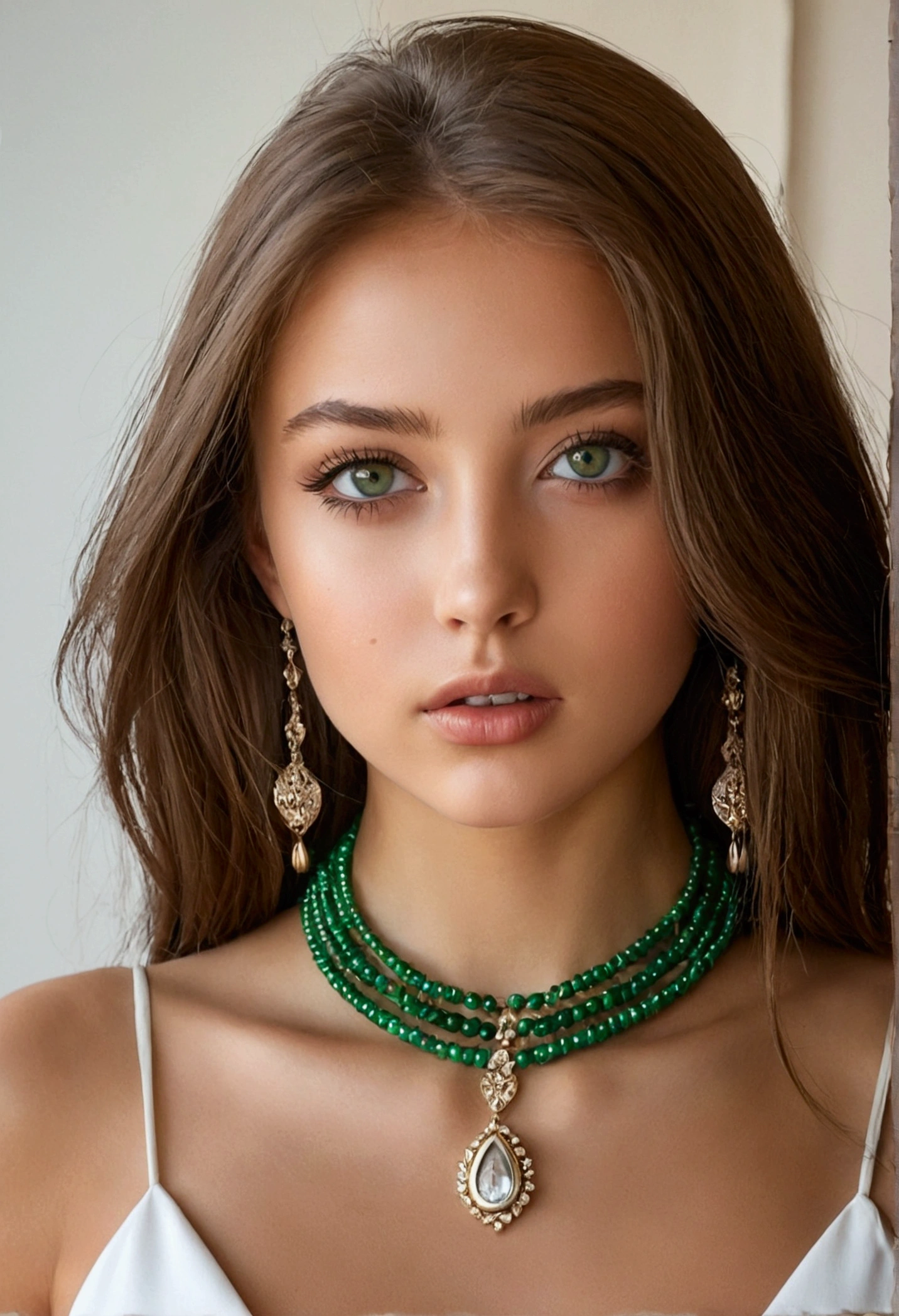 Arafed Femme portant un débardeur blanc et un collier, Fille sexy aux yeux verts, peau bronzée, Portrait Sophie Mudd, cheveux bruns et grands yeux, 