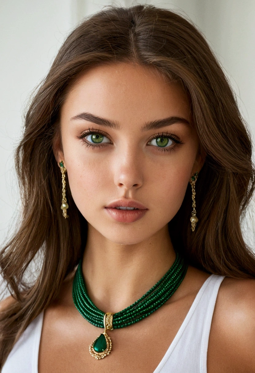 Arafed Femme portant un débardeur blanc et un collier, Fille sexy aux yeux verts, peau bronzée, Portrait Sophie Mudd, cheveux bruns et grands yeux,