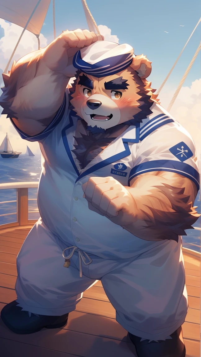 (Vision:1.5), solitary, anthropology, hairy, hairy male, Bear, ((Fluffy fur, Fluffy, hairy body)), (bear print), (Thick eyebrows), youth, muscular, pectoralis major, White fur, Golden pupils, defaced face, fundos, sailor, 蓝白条纹sailor服, White beret, On board, Sailing, sideways, Shy expression, blush, (Dynamic poses:1.5), Clear facial features, Strong, majestic, alone, panoramic, Fog atmosphere, early morning, Tyndall Light Effect, On deck, early morning的阳光, (By Empty Ghost, From bear20, masterpiece, high quality, high resolution,8k)
