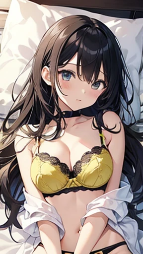 Tabletop、Highest quality、One Girl、Bra and panties only、Yellow Lingerie、Lie on your back in bed、Cute anime illustrations、Long black hair,Big Breasts